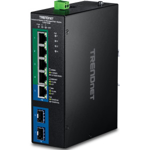TRENDnet TI-PG743Bi 7-Port Gigabit Ethernet Switch, 4 Gigabit PoE+, 1 Gigabit, & 2 SFP slot, 14 Gbps switching capacity, DIN-rail mount